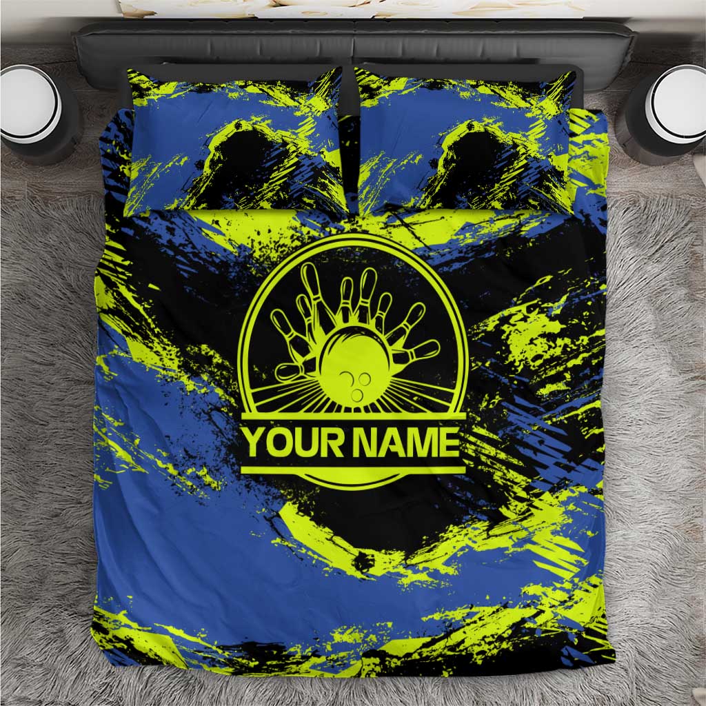 Abstract Blue and Yellow Bowling Ball Strike Design Bedding Set with Custom Name Print - Wonder Print Shop