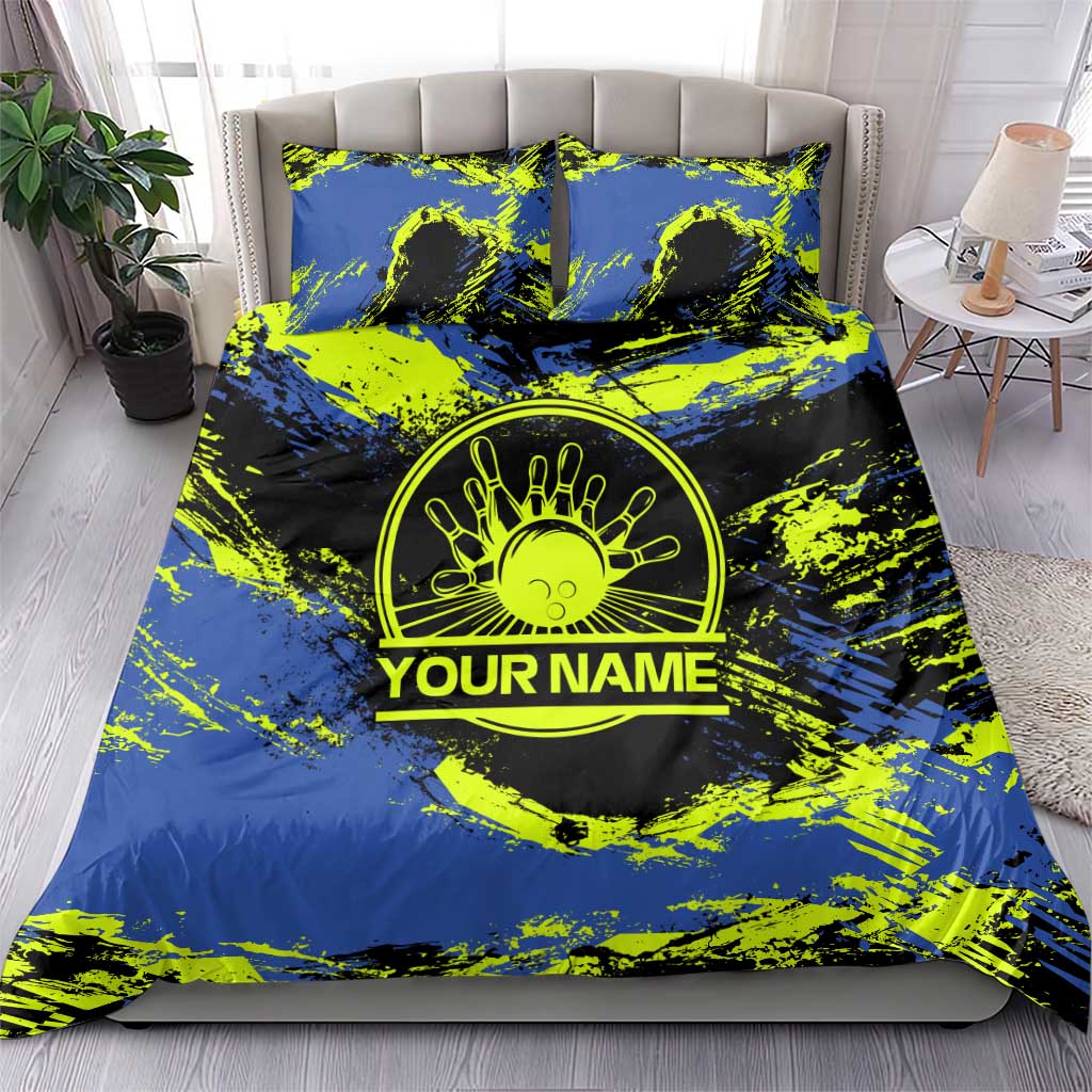 Abstract Blue and Yellow Bowling Ball Strike Design Bedding Set with Custom Name Print - Wonder Print Shop