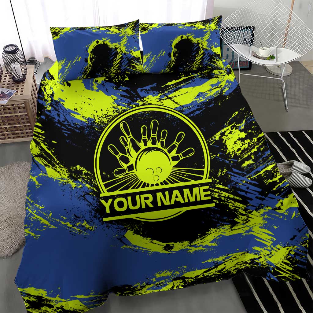 Abstract Blue and Yellow Bowling Ball Strike Design Bedding Set with Custom Name Print - Wonder Print Shop