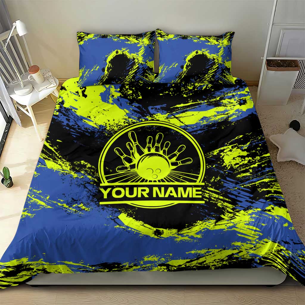 Abstract Blue and Yellow Bowling Ball Strike Design Bedding Set with Custom Name Print - Wonder Print Shop