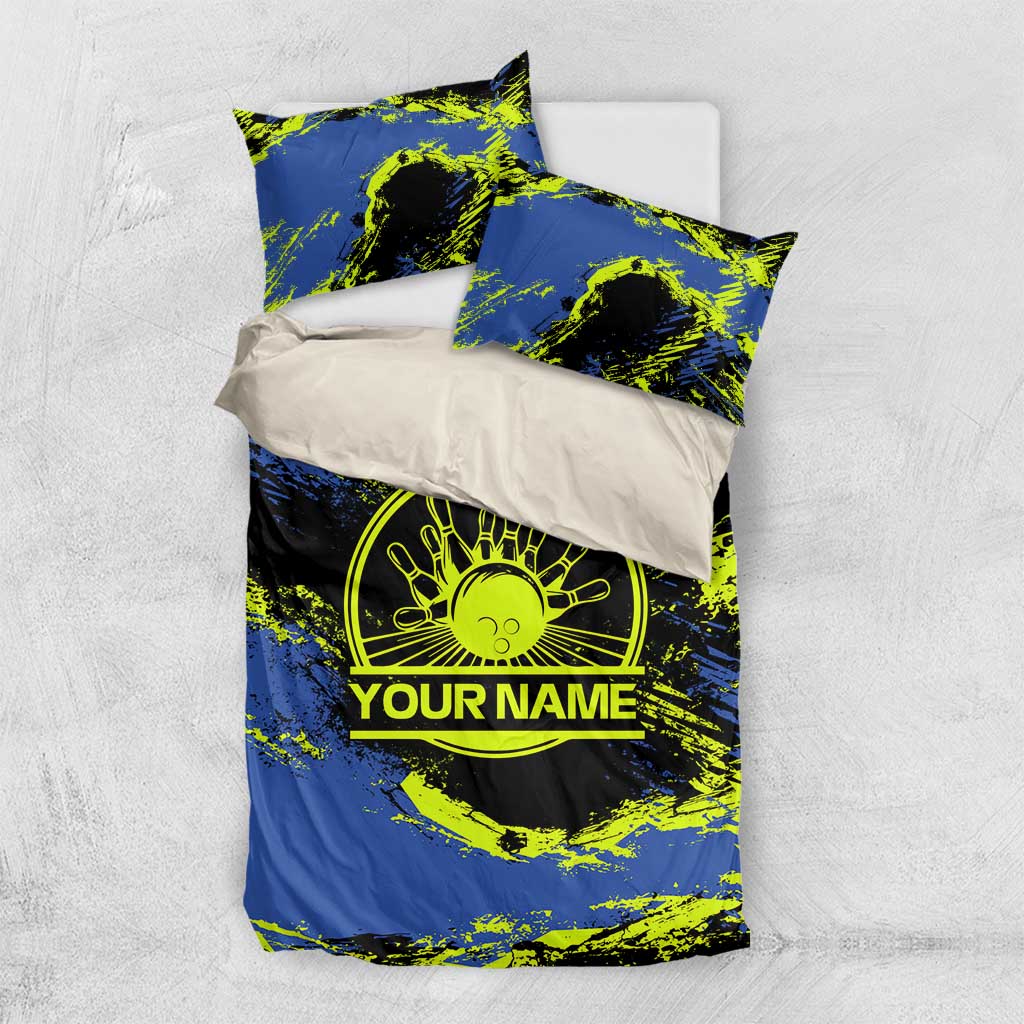 Abstract Blue and Yellow Bowling Ball Strike Design Bedding Set with Custom Name Print - Wonder Print Shop