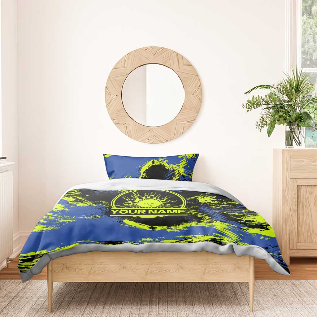Abstract Blue and Yellow Bowling Ball Strike Design Bedding Set with Custom Name Print - Wonder Print Shop