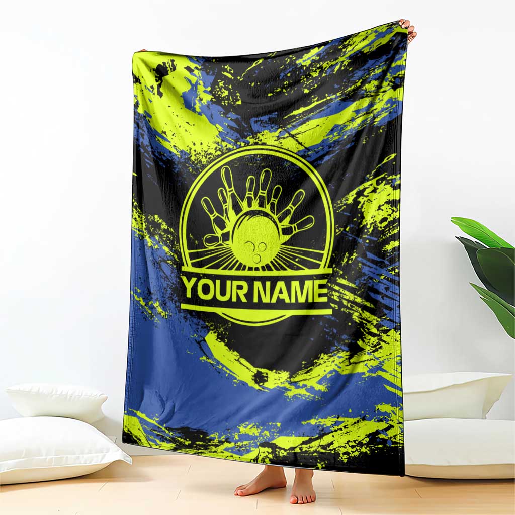 Abstract Blue and Yellow Bowling Ball Strike Design Blanket with Custom Name Print - Wonder Print Shop