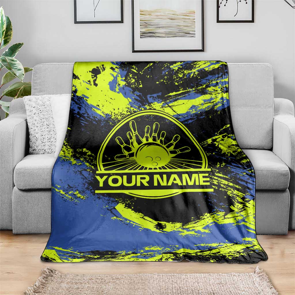 Abstract Blue and Yellow Bowling Ball Strike Design Blanket with Custom Name Print - Wonder Print Shop