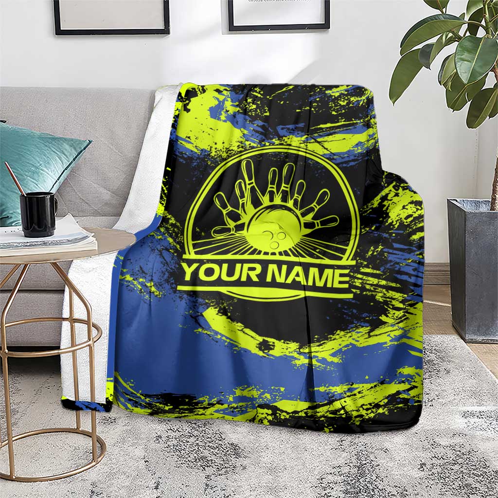 Abstract Blue and Yellow Bowling Ball Strike Design Blanket with Custom Name Print - Wonder Print Shop