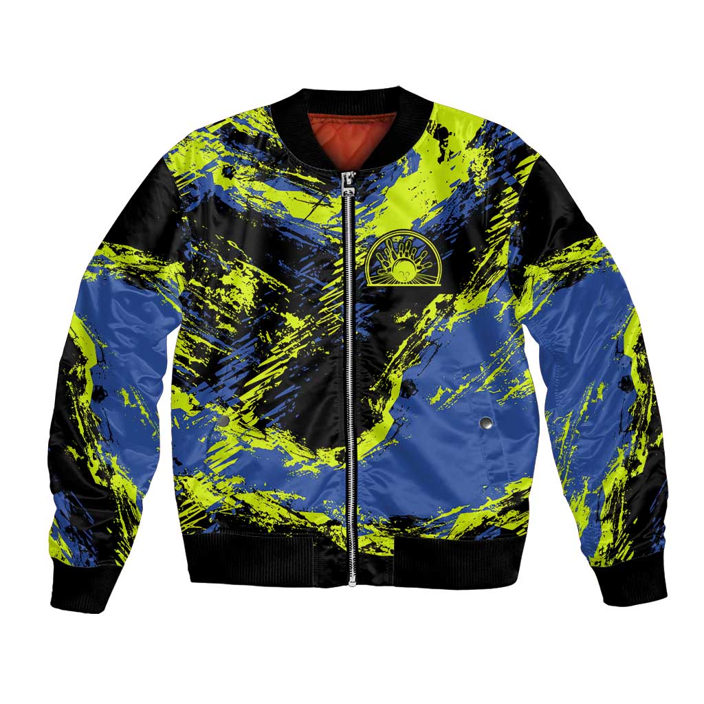Abstract Blue and Yellow Bowling Ball Strike Design Bomber Jacket with Custom Name Print - Wonder Print Shop