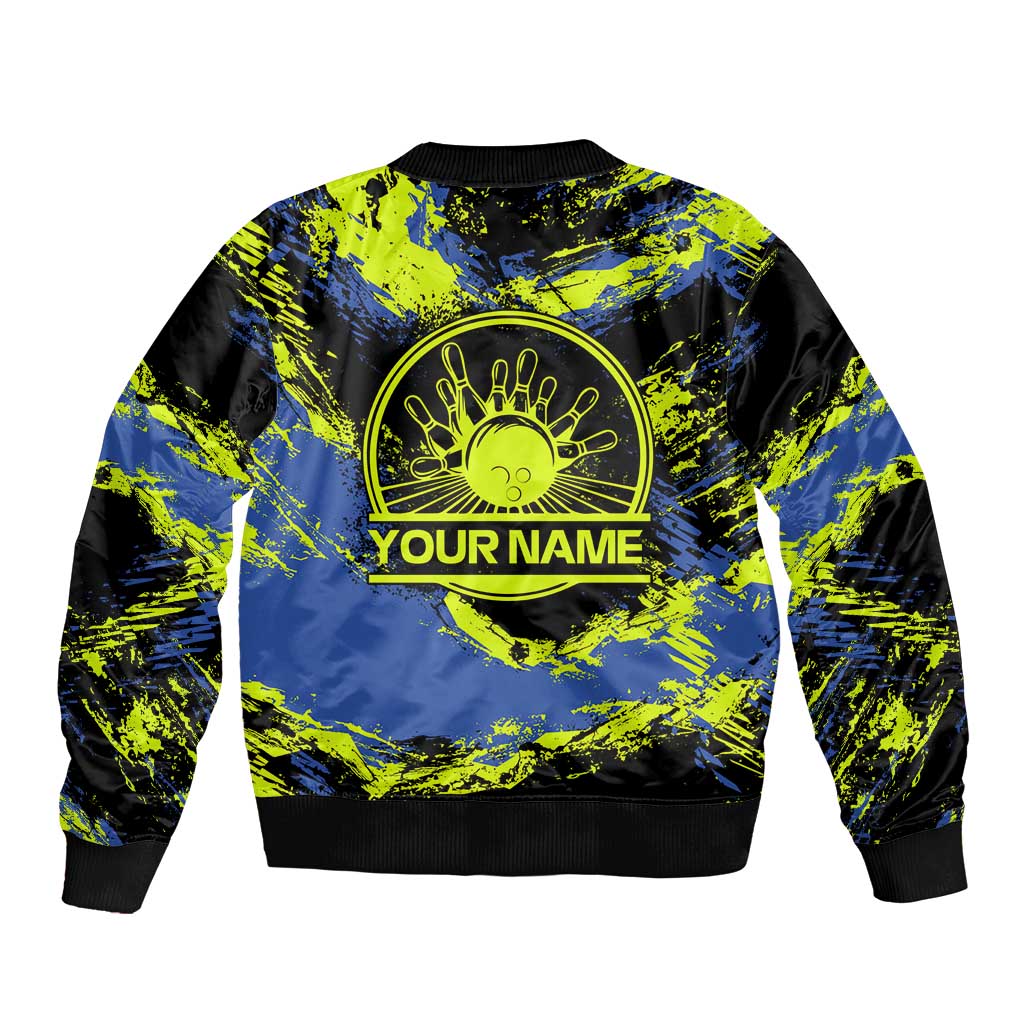 Abstract Blue and Yellow Bowling Ball Strike Design Bomber Jacket with Custom Name Print - Wonder Print Shop