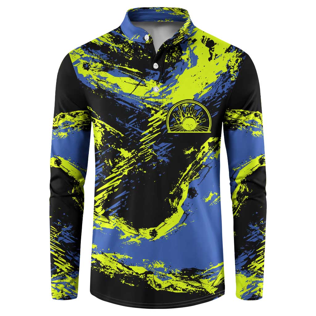 Abstract Blue and Yellow Bowling Ball Strike Design Button Sweatshirt with Custom Name Print - Wonder Print Shop