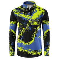 Abstract Blue and Yellow Bowling Ball Strike Design Button Sweatshirt with Custom Name Print - Wonder Print Shop