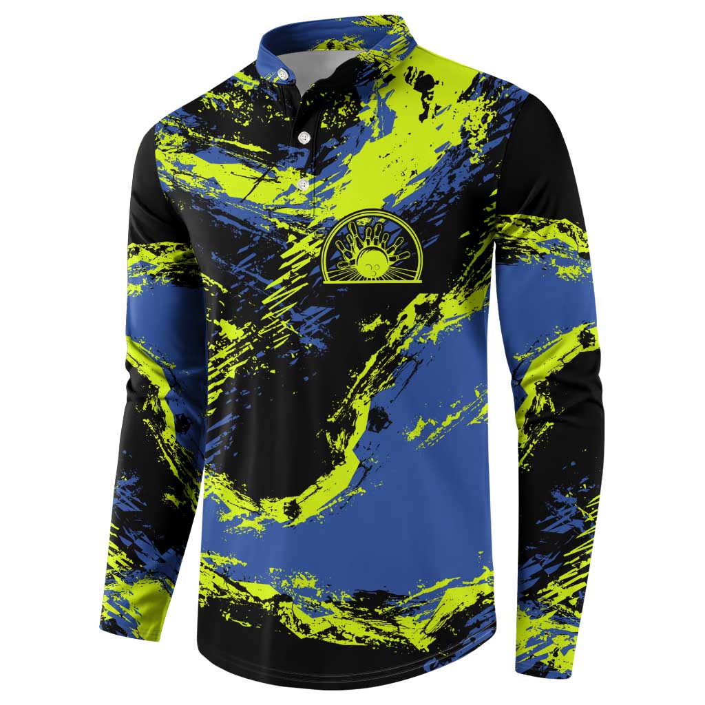 Abstract Blue and Yellow Bowling Ball Strike Design Button Sweatshirt with Custom Name Print - Wonder Print Shop