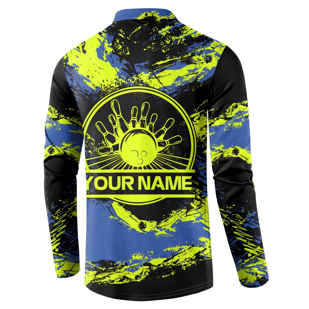 Abstract Blue and Yellow Bowling Ball Strike Design Button Sweatshirt with Custom Name Print - Wonder Print Shop