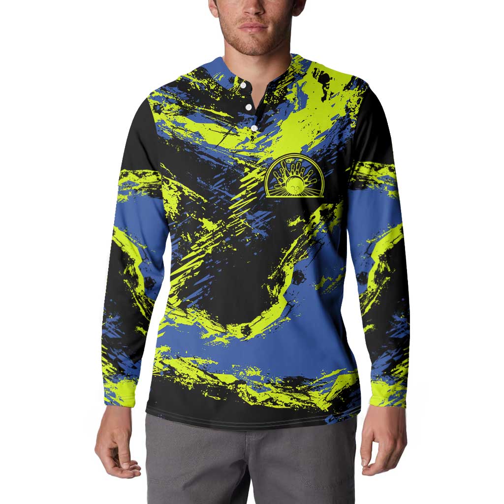 Abstract Blue and Yellow Bowling Ball Strike Design Button Sweatshirt with Custom Name Print - Wonder Print Shop