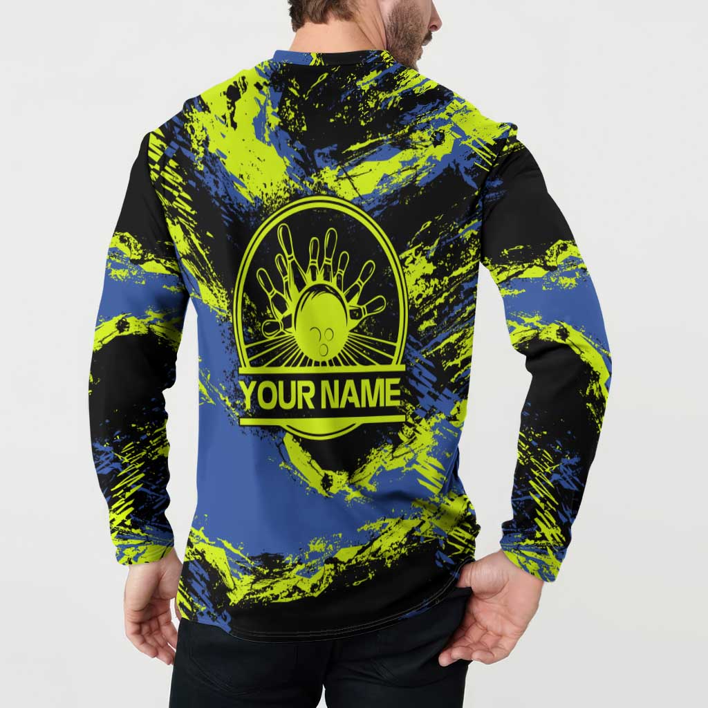 Abstract Blue and Yellow Bowling Ball Strike Design Button Sweatshirt with Custom Name Print - Wonder Print Shop