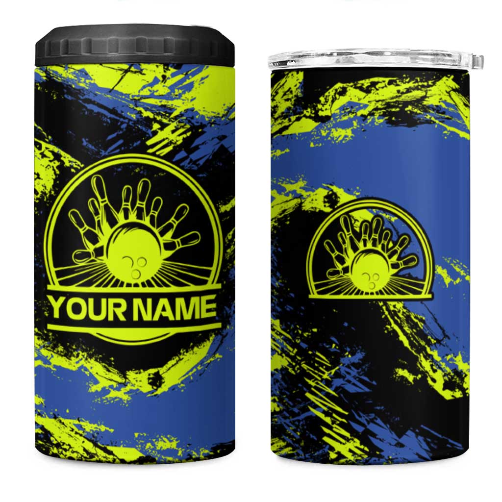Abstract Blue and Yellow Bowling Ball Strike Design 4 in 1 Can Cooler Tumbler with Custom Name Print - Wonder Print Shop