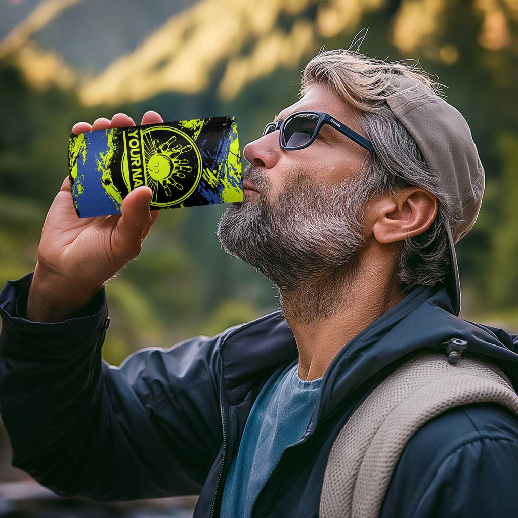 Abstract Blue and Yellow Bowling Ball Strike Design 4 in 1 Can Cooler Tumbler with Custom Name Print - Wonder Print Shop