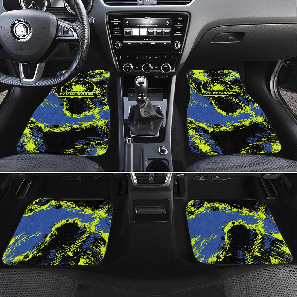 Abstract Blue and Yellow Bowling Ball Strike Design Car Mats with Custom Name Print - Wonder Print Shop