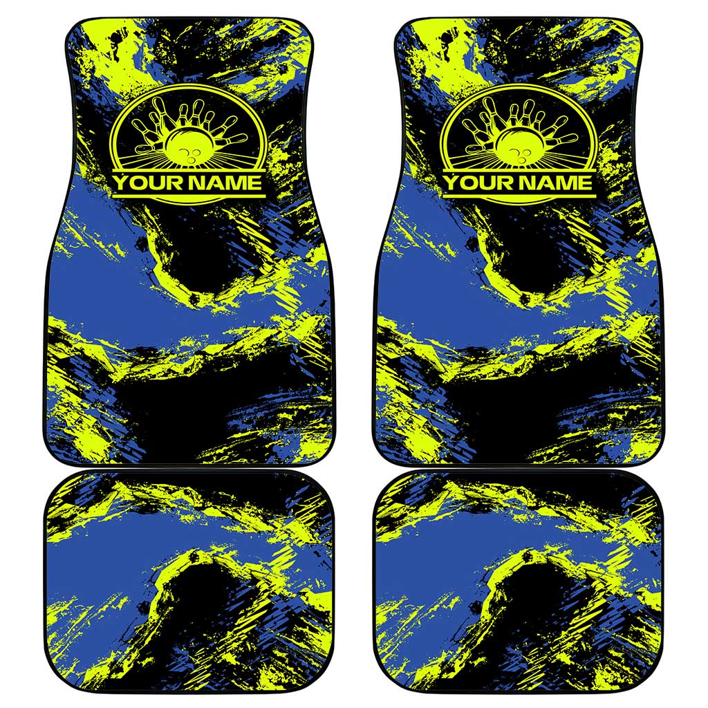 Abstract Blue and Yellow Bowling Ball Strike Design Car Mats with Custom Name Print - Wonder Print Shop