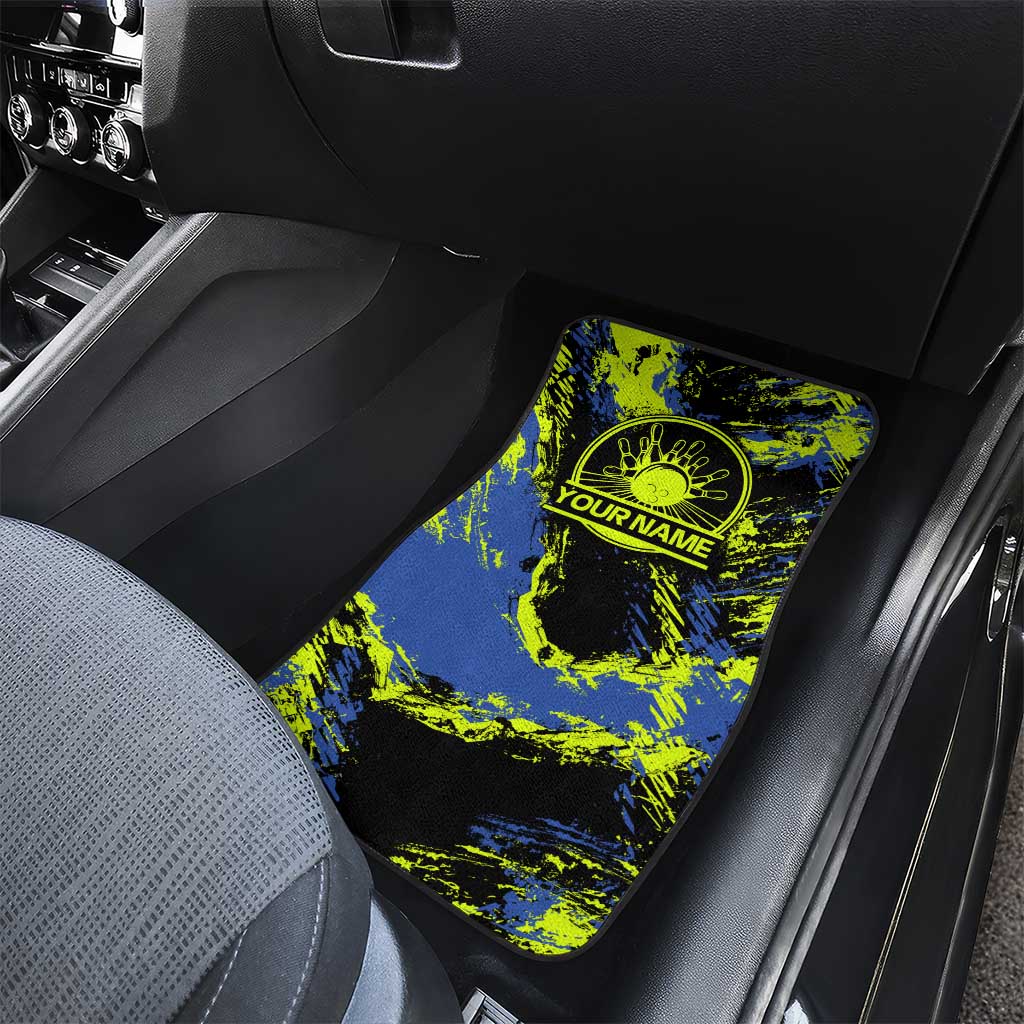 Abstract Blue and Yellow Bowling Ball Strike Design Car Mats with Custom Name Print - Wonder Print Shop