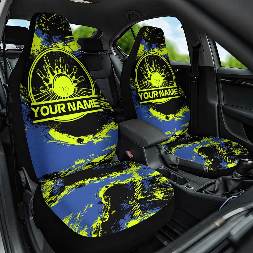 Abstract Blue and Yellow Bowling Ball Strike Design Car Seat Cover with Custom Name Print - Wonder Print Shop