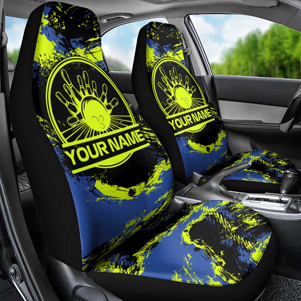 Abstract Blue and Yellow Bowling Ball Strike Design Car Seat Cover with Custom Name Print - Wonder Print Shop