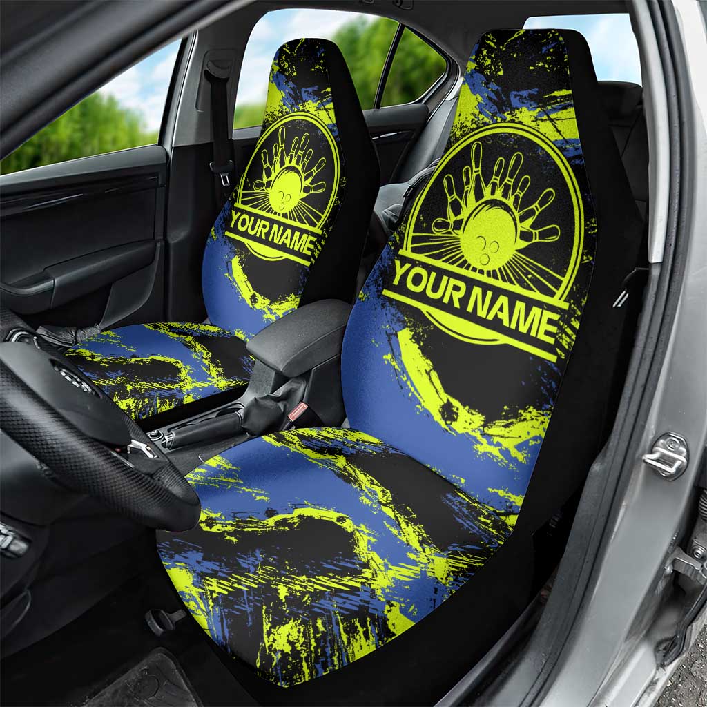 Abstract Blue and Yellow Bowling Ball Strike Design Car Seat Cover with Custom Name Print - Wonder Print Shop