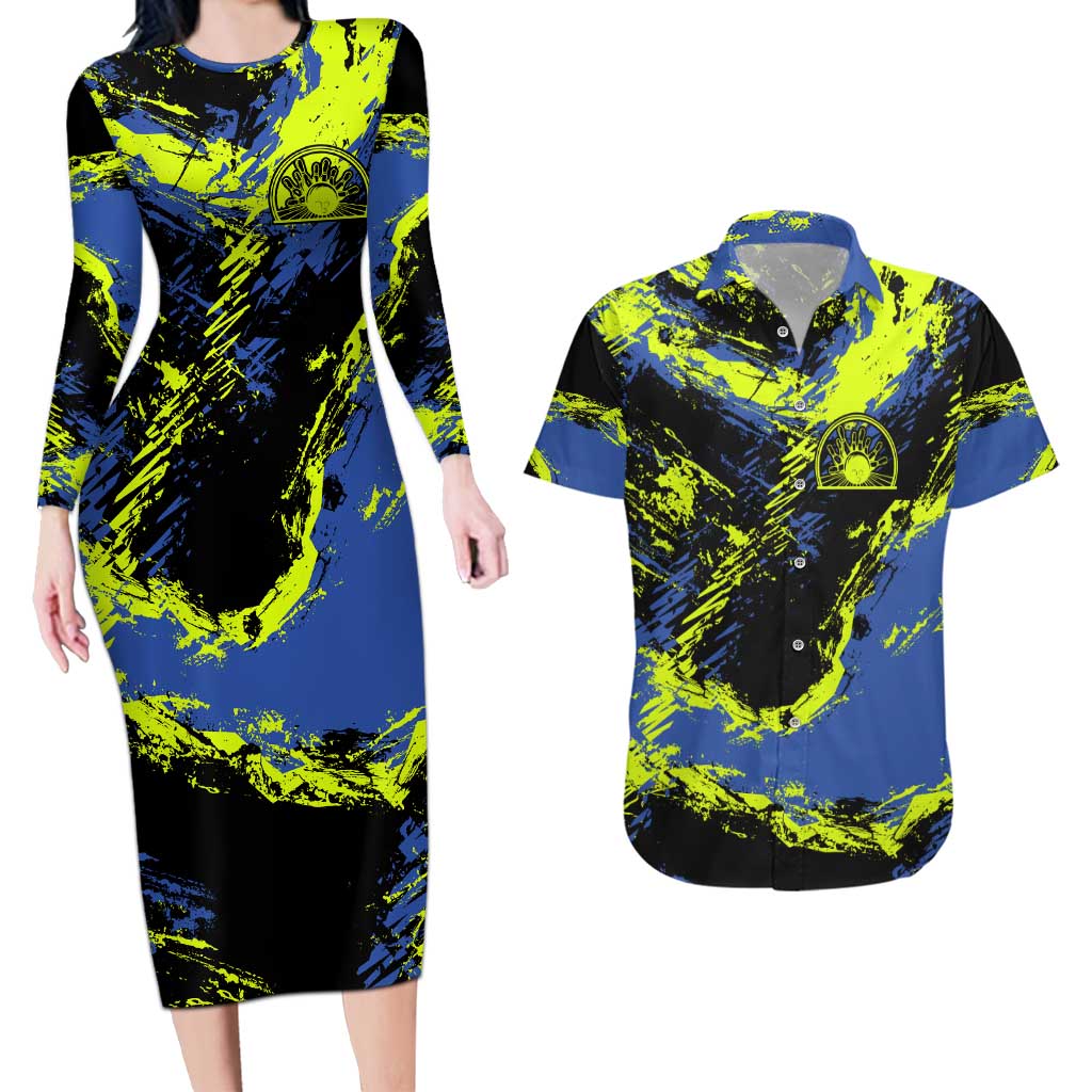 Abstract Blue and Yellow Bowling Ball Strike Design Couples Matching Long Sleeve Bodycon Dress and Hawaiian Shirt with Custom Name Print - Wonder Print Shop