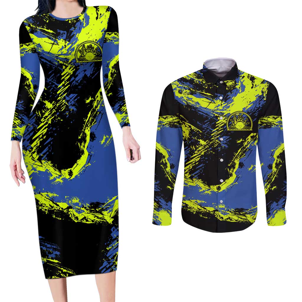 Abstract Blue and Yellow Bowling Ball Strike Design Couples Matching Long Sleeve Bodycon Dress and Long Sleeve Button Shirt with Custom Name Print - Wonder Print Shop