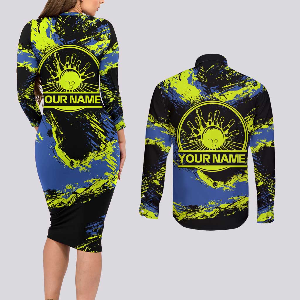 Abstract Blue and Yellow Bowling Ball Strike Design Couples Matching Long Sleeve Bodycon Dress and Long Sleeve Button Shirt with Custom Name Print - Wonder Print Shop
