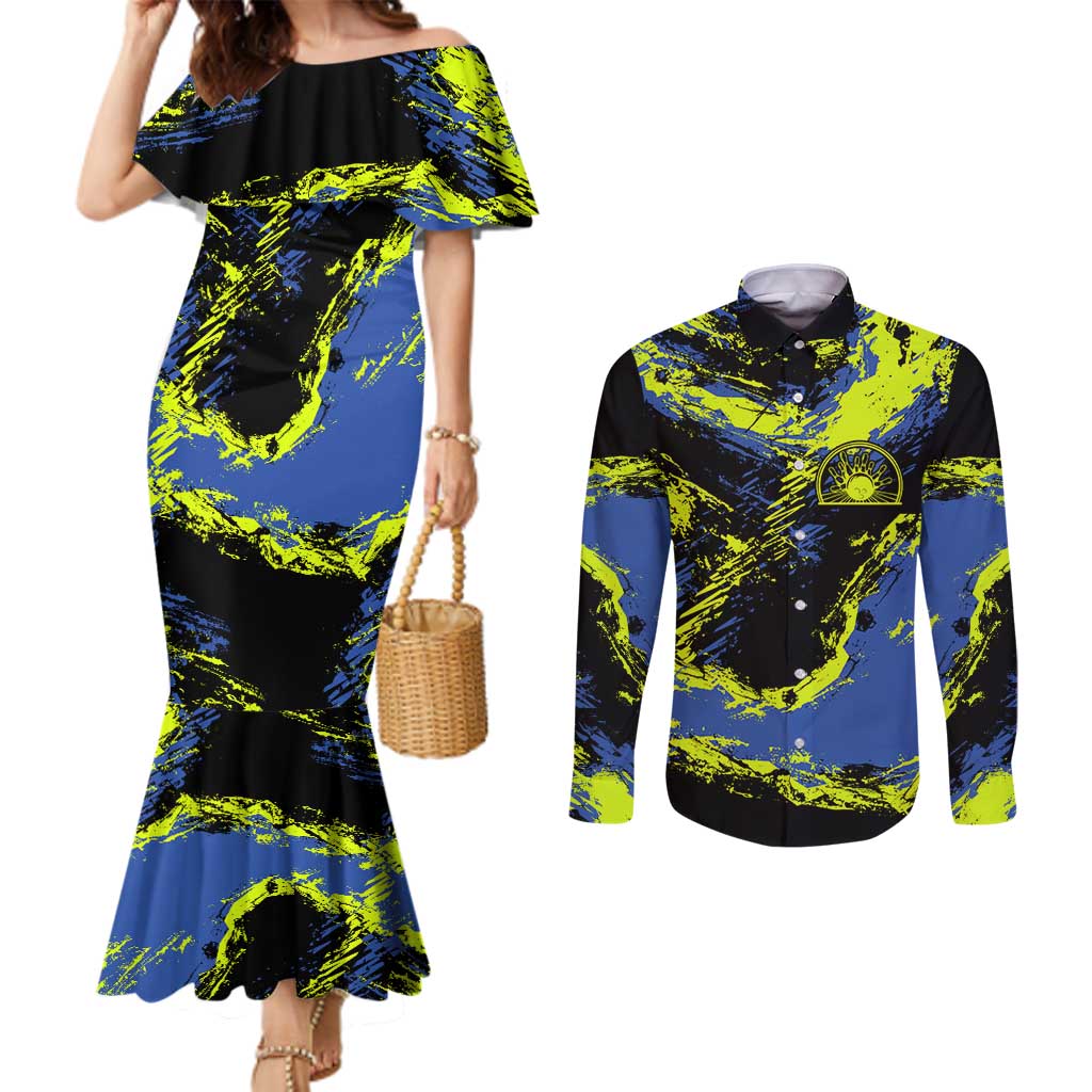 Abstract Blue and Yellow Bowling Ball Strike Design Couples Matching Mermaid Dress and Long Sleeve Button Shirt with Custom Name Print - Wonder Print Shop