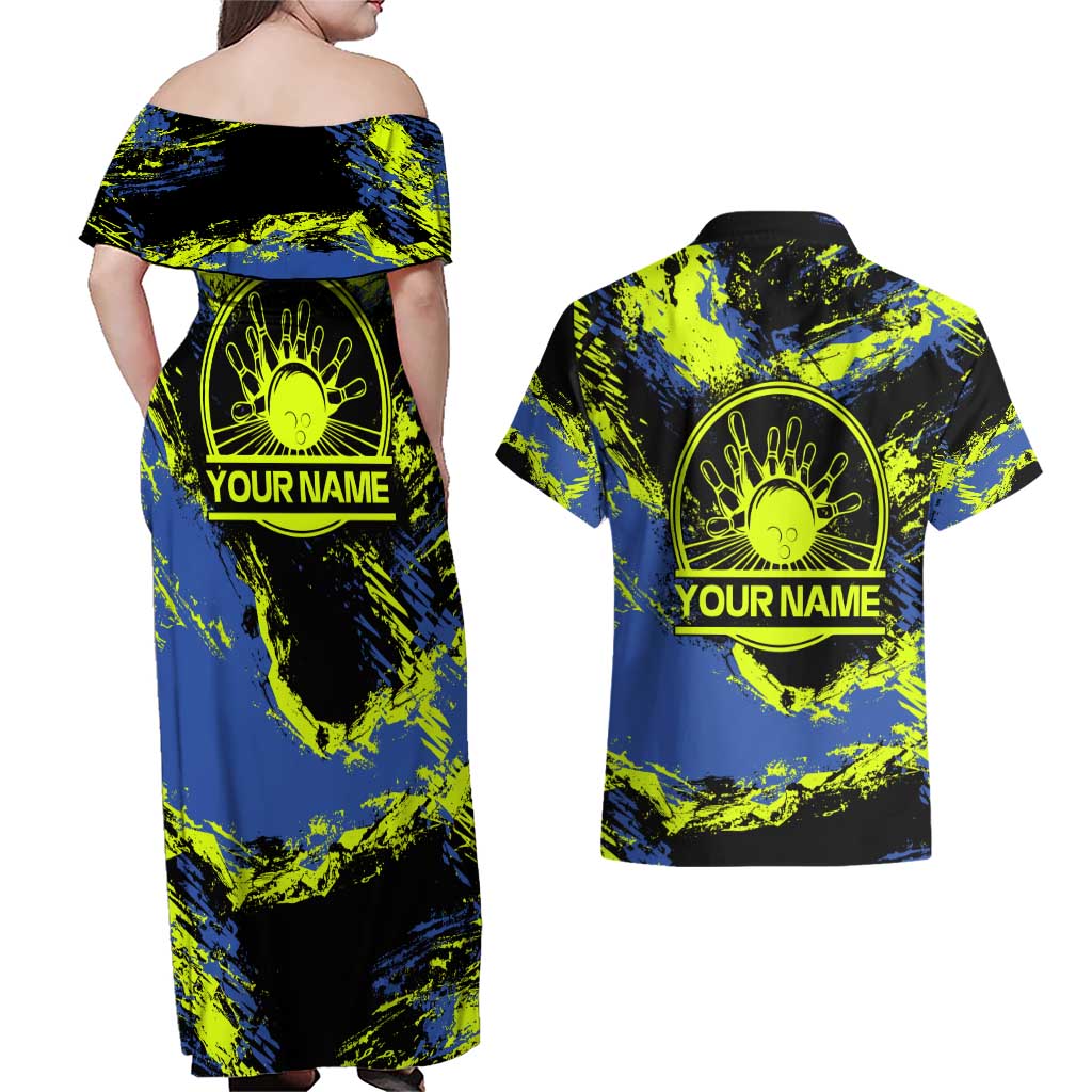 Abstract Blue and Yellow Bowling Ball Strike Design Couples Matching Off Shoulder Maxi Dress and Hawaiian Shirt with Custom Name Print - Wonder Print Shop