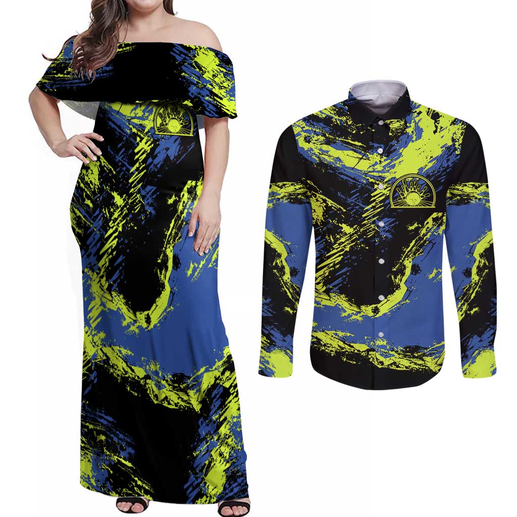 Abstract Blue and Yellow Bowling Ball Strike Design Couples Matching Off Shoulder Maxi Dress and Long Sleeve Button Shirt with Custom Name Print - Wonder Print Shop