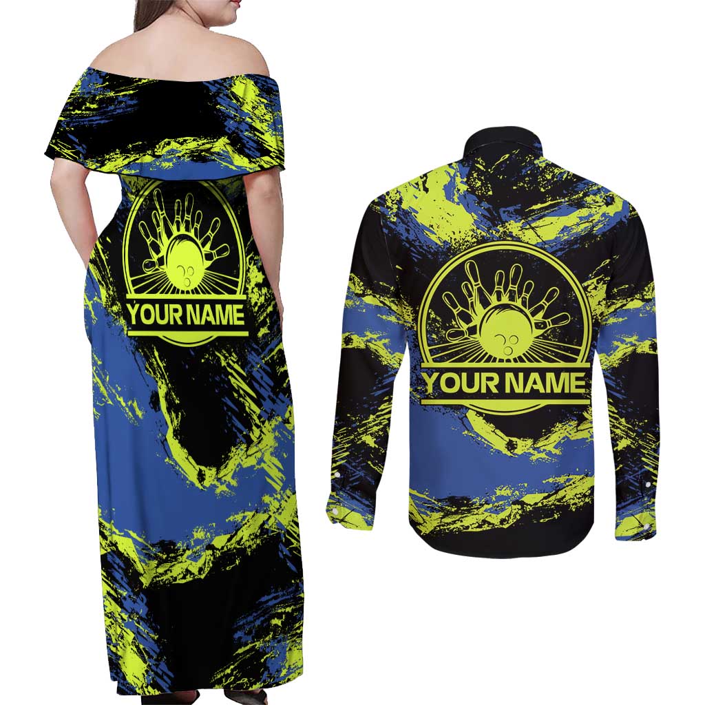 Abstract Blue and Yellow Bowling Ball Strike Design Couples Matching Off Shoulder Maxi Dress and Long Sleeve Button Shirt with Custom Name Print - Wonder Print Shop