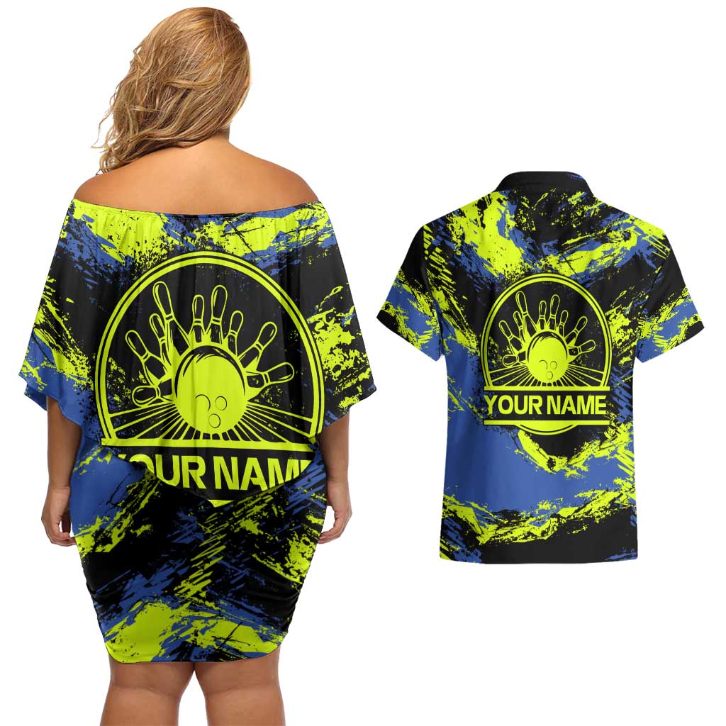 Abstract Blue and Yellow Bowling Ball Strike Design Couples Matching Off Shoulder Short Dress and Hawaiian Shirt with Custom Name Print - Wonder Print Shop