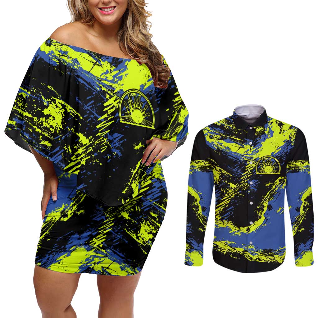 Abstract Blue and Yellow Bowling Ball Strike Design Couples Matching Off Shoulder Short Dress and Long Sleeve Button Shirt with Custom Name Print - Wonder Print Shop