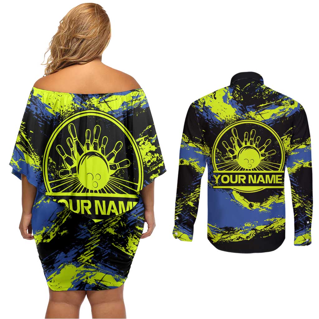Abstract Blue and Yellow Bowling Ball Strike Design Couples Matching Off Shoulder Short Dress and Long Sleeve Button Shirt with Custom Name Print - Wonder Print Shop