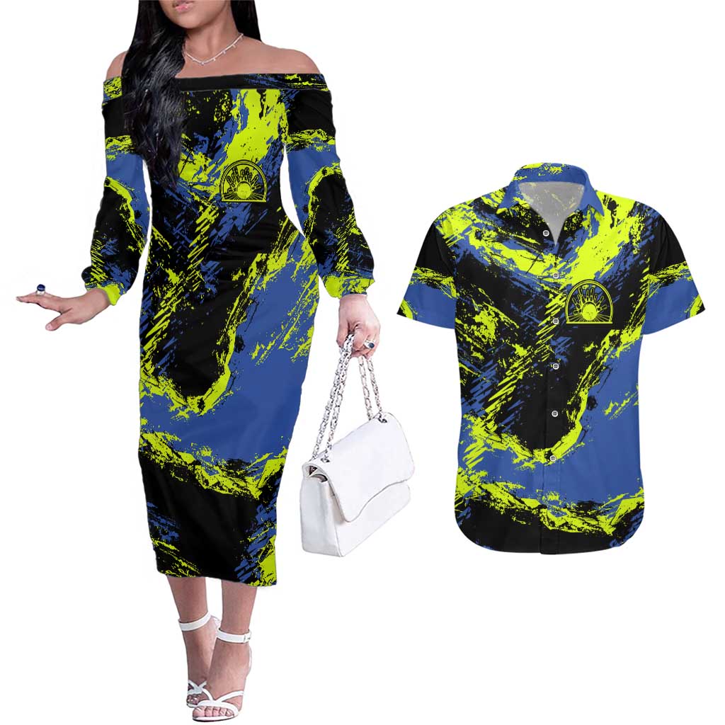 Abstract Blue and Yellow Bowling Ball Strike Design Couples Matching Off The Shoulder Long Sleeve Dress and Hawaiian Shirt with Custom Name Print - Wonder Print Shop