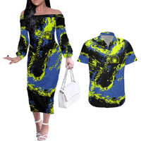 Abstract Blue and Yellow Bowling Ball Strike Design Couples Matching Off The Shoulder Long Sleeve Dress and Hawaiian Shirt with Custom Name Print - Wonder Print Shop