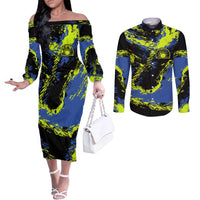 Abstract Blue and Yellow Bowling Ball Strike Design Couples Matching Off The Shoulder Long Sleeve Dress and Long Sleeve Button Shirt with Custom Name Print - Wonder Print Shop