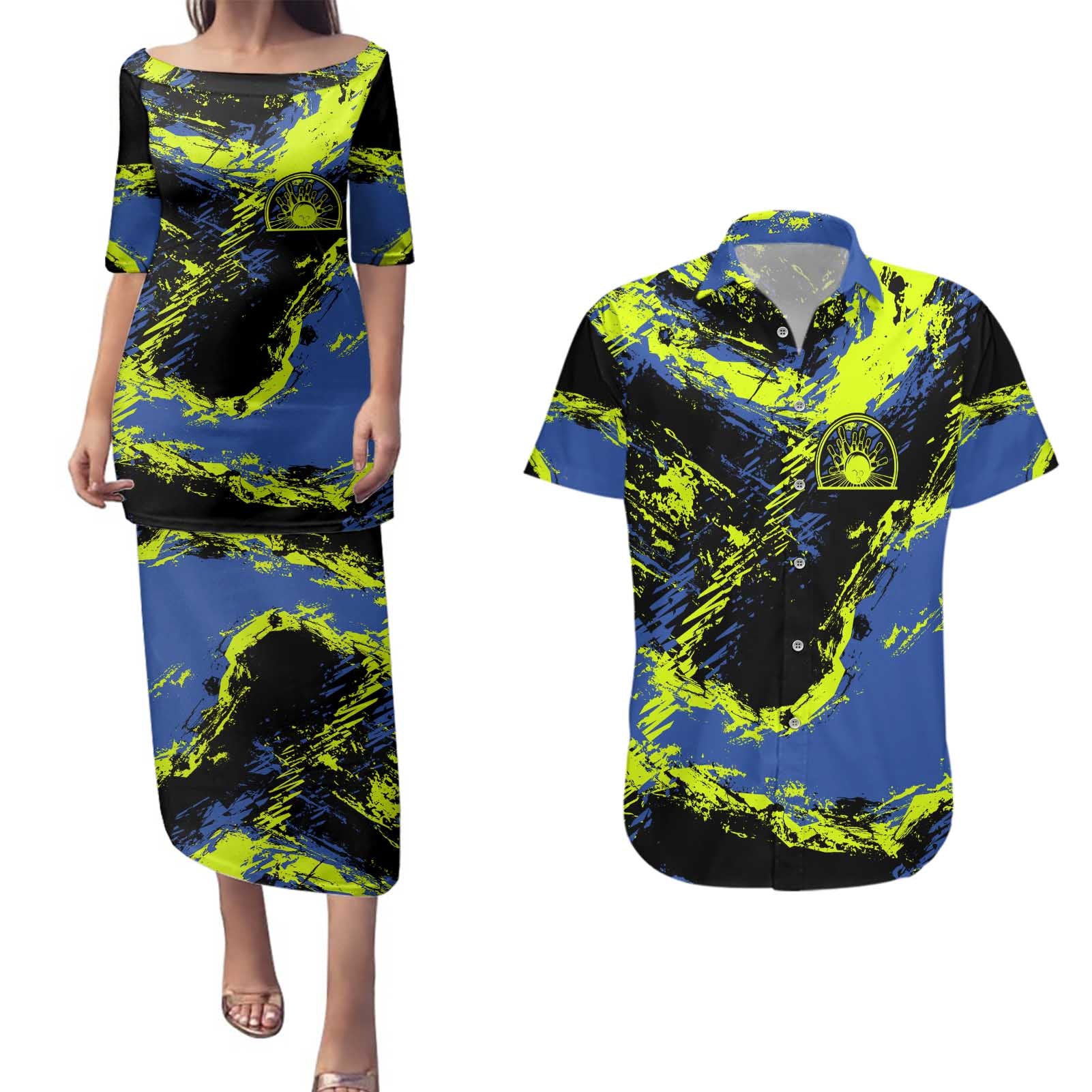 Abstract Blue and Yellow Bowling Ball Strike Design Couples Matching Puletasi and Hawaiian Shirt with Custom Name Print - Wonder Print Shop