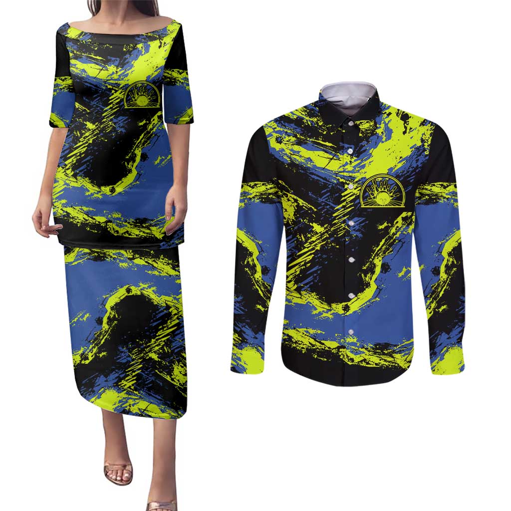 Abstract Blue and Yellow Bowling Ball Strike Design Couples Matching Puletasi and Long Sleeve Button Shirt with Custom Name Print - Wonder Print Shop