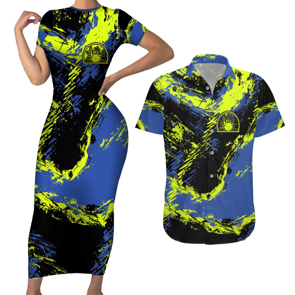 Abstract Blue and Yellow Bowling Ball Strike Design Couples Matching Short Sleeve Bodycon Dress and Hawaiian Shirt with Custom Name Print - Wonder Print Shop