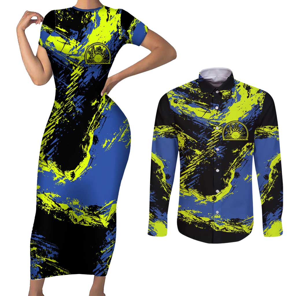 Abstract Blue and Yellow Bowling Ball Strike Design Couples Matching Short Sleeve Bodycon Dress and Long Sleeve Button Shirt with Custom Name Print - Wonder Print Shop