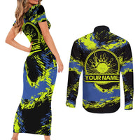 Abstract Blue and Yellow Bowling Ball Strike Design Couples Matching Short Sleeve Bodycon Dress and Long Sleeve Button Shirt with Custom Name Print - Wonder Print Shop