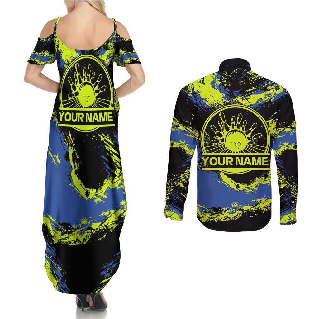 Abstract Blue and Yellow Bowling Ball Strike Design Couples Matching Summer Maxi Dress and Long Sleeve Button Shirt with Custom Name Print - Wonder Print Shop