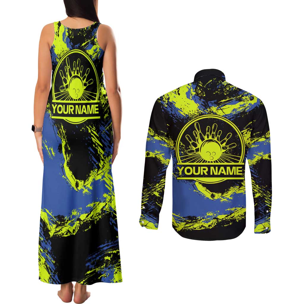 Abstract Blue and Yellow Bowling Ball Strike Design Couples Matching Tank Maxi Dress and Long Sleeve Button Shirt with Custom Name Print - Wonder Print Shop