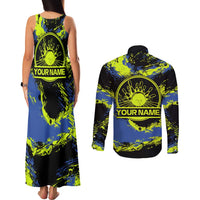 Abstract Blue and Yellow Bowling Ball Strike Design Couples Matching Tank Maxi Dress and Long Sleeve Button Shirt with Custom Name Print - Wonder Print Shop