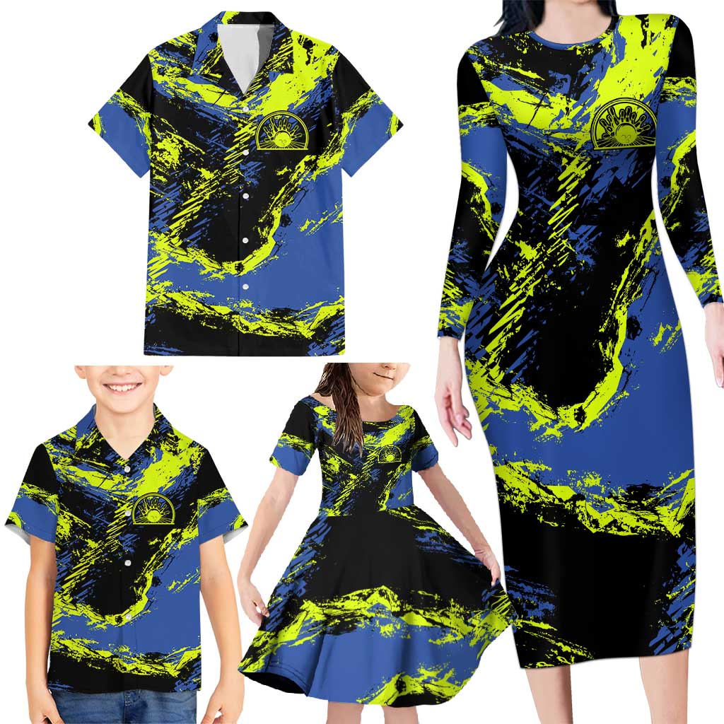 Abstract Blue and Yellow Bowling Ball Strike Design Family Matching Long Sleeve Bodycon Dress and Hawaiian Shirt with Custom Name Print - Wonder Print Shop