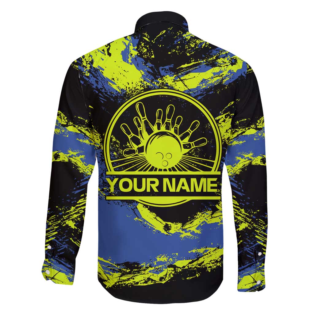 Abstract Blue and Yellow Bowling Ball Strike Design Family Matching Long Sleeve Bodycon Dress and Hawaiian Shirt with Custom Name Print - Wonder Print Shop