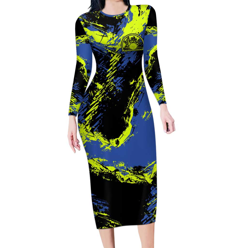 Abstract Blue and Yellow Bowling Ball Strike Design Family Matching Long Sleeve Bodycon Dress and Hawaiian Shirt with Custom Name Print - Wonder Print Shop