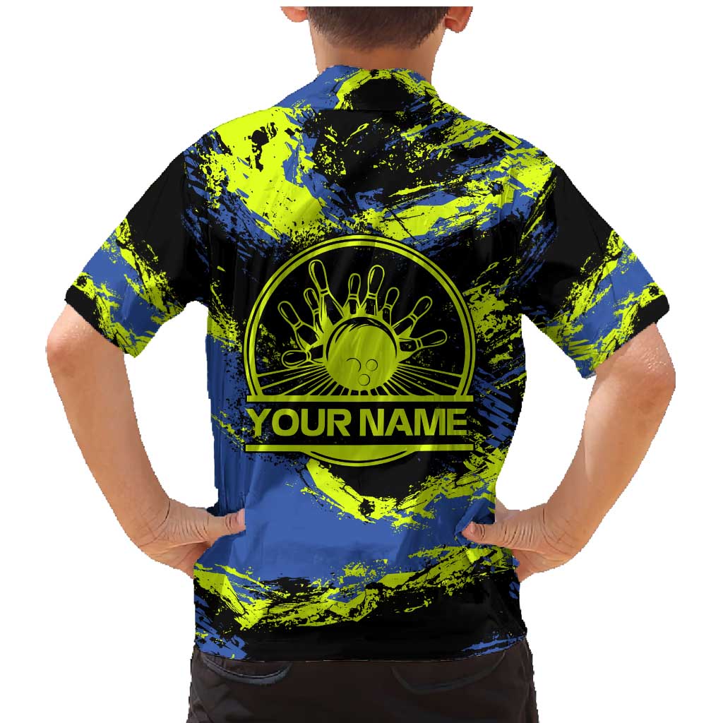 Abstract Blue and Yellow Bowling Ball Strike Design Family Matching Mermaid Dress and Hawaiian Shirt with Custom Name Print - Wonder Print Shop